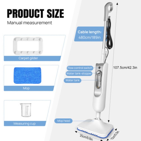 Steam Mop Carpet Cleaner - Kills up to 99% of Bacteria, 1500W Powerful Handheld Floor Steamer